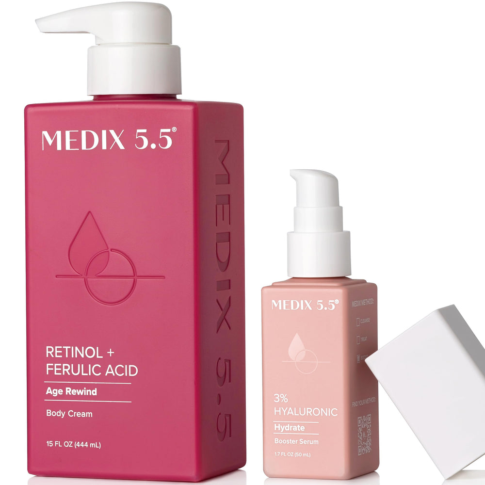 Loción corporal Medix 5.5 con retinol, botella visible para piel más firme.