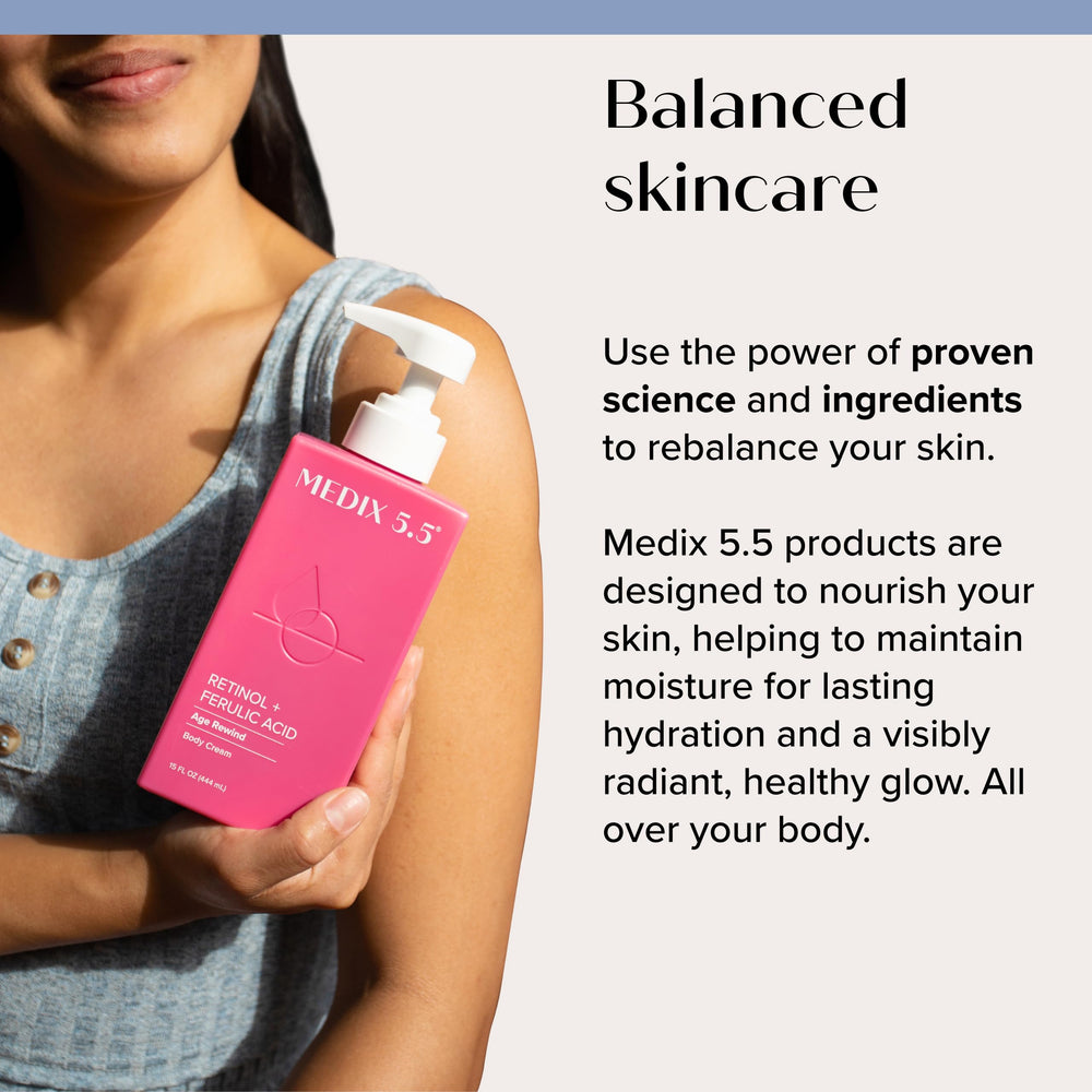 Medix 5.5 Retinol Body Lotion ingredients ferulic acid and green tea for antioxidants.