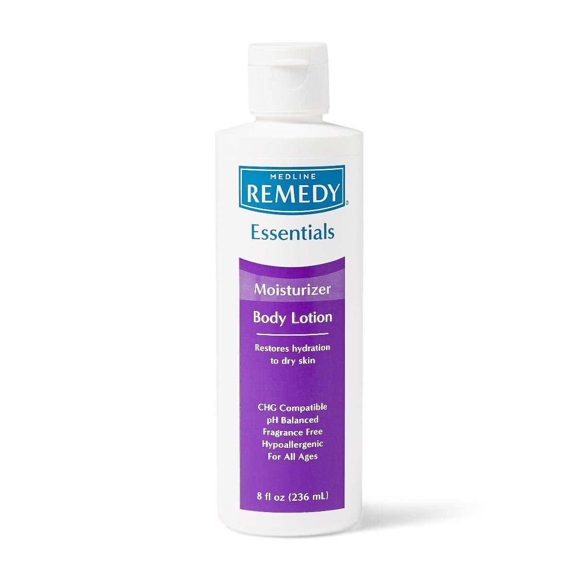 Loción corporal Medline Remedy Essentials sin fragancia en botella de 8 oz, hidratación suave.