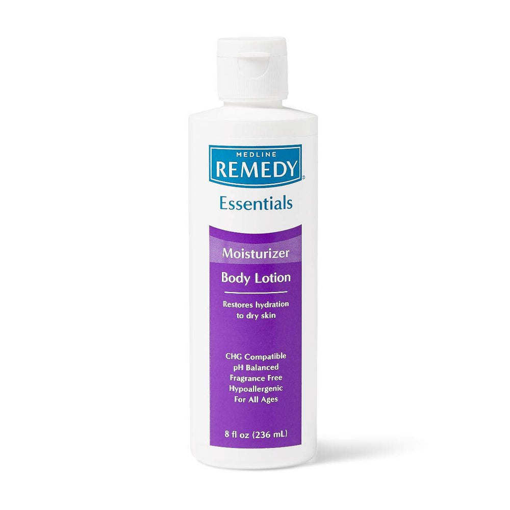 Loción corporal Medline Remedy Essentials sin fragancia en botella de 8 oz, hidratación suave.