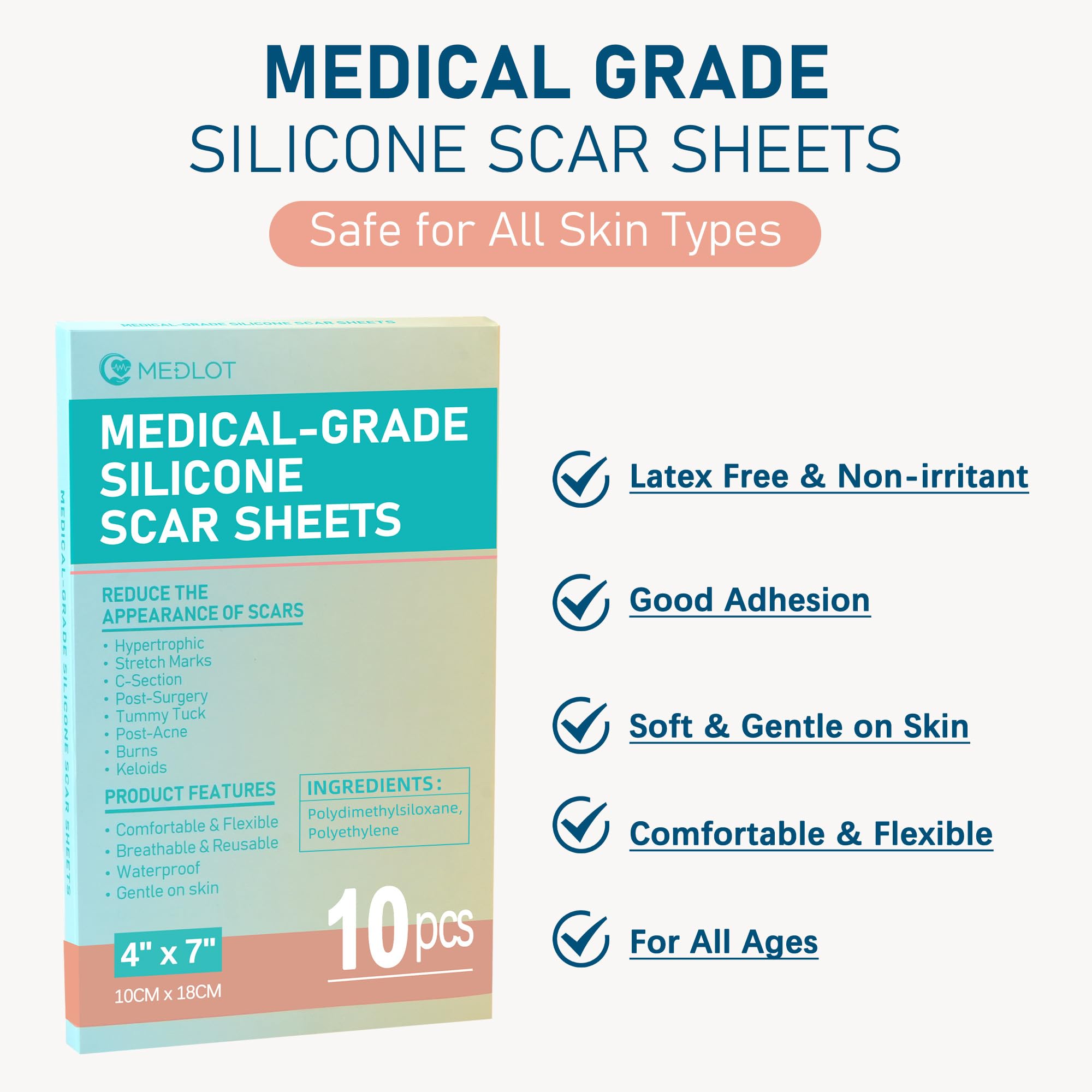 Medlot parche de silicona para cicatriz queloide, adherencia estable para uso diario.