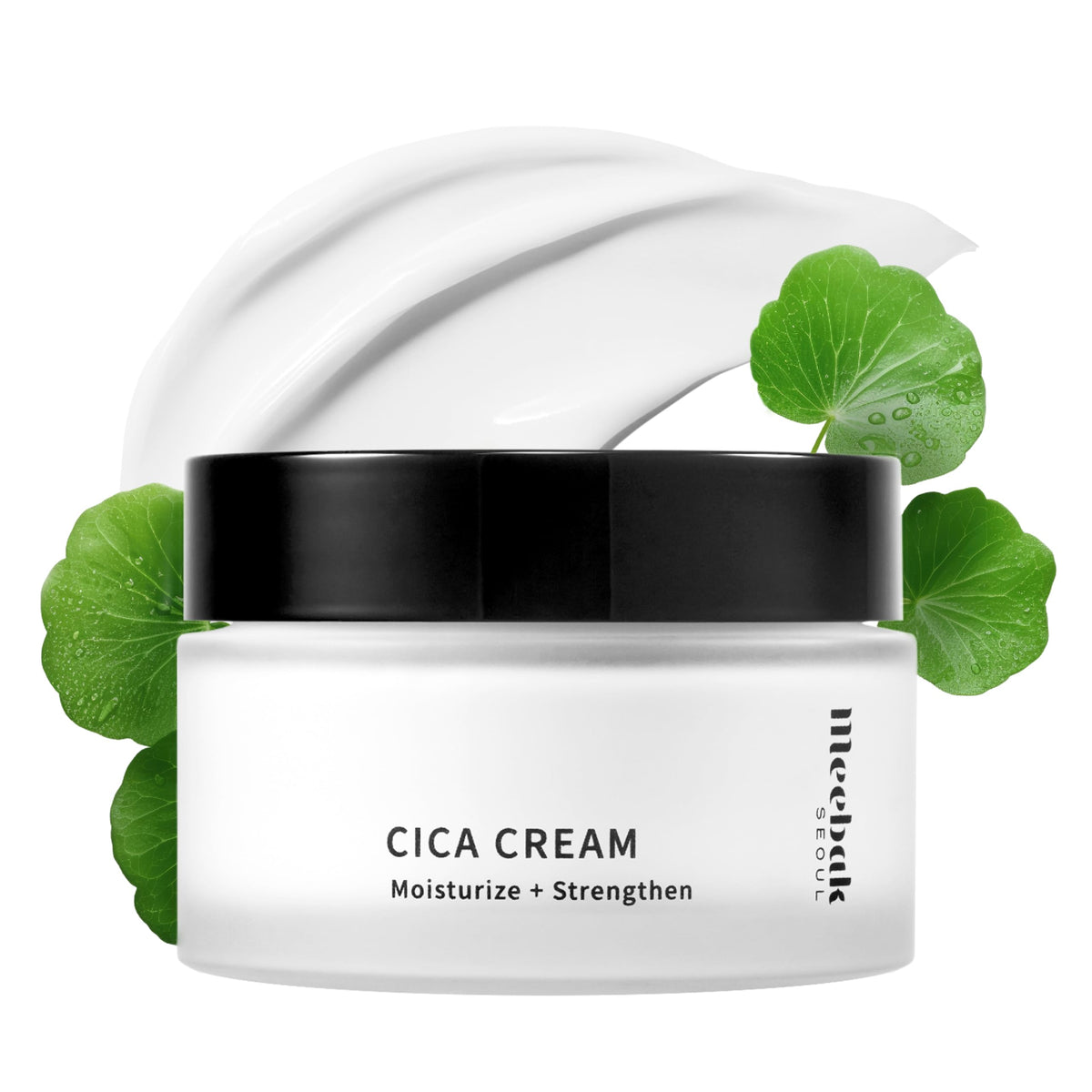 Meebak Cica Cream jar close-up showing nourishing texture for calm, hydrated skin.