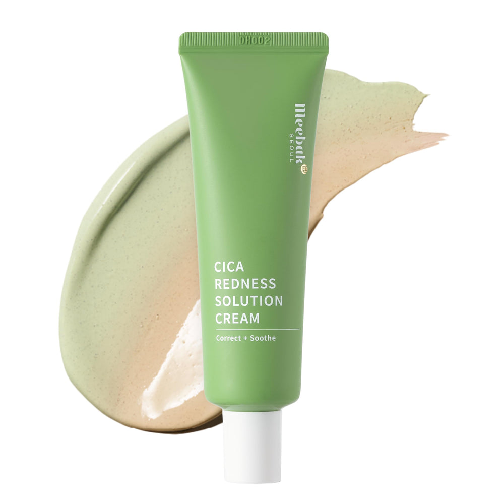 Meebak Cica crema para enrojecimiento en envase verde, calma rojeces leves.