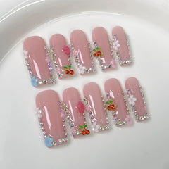 Meemooron uñas postizas cuadrado largo con cerezo 3D y flor para acabado elegante.
