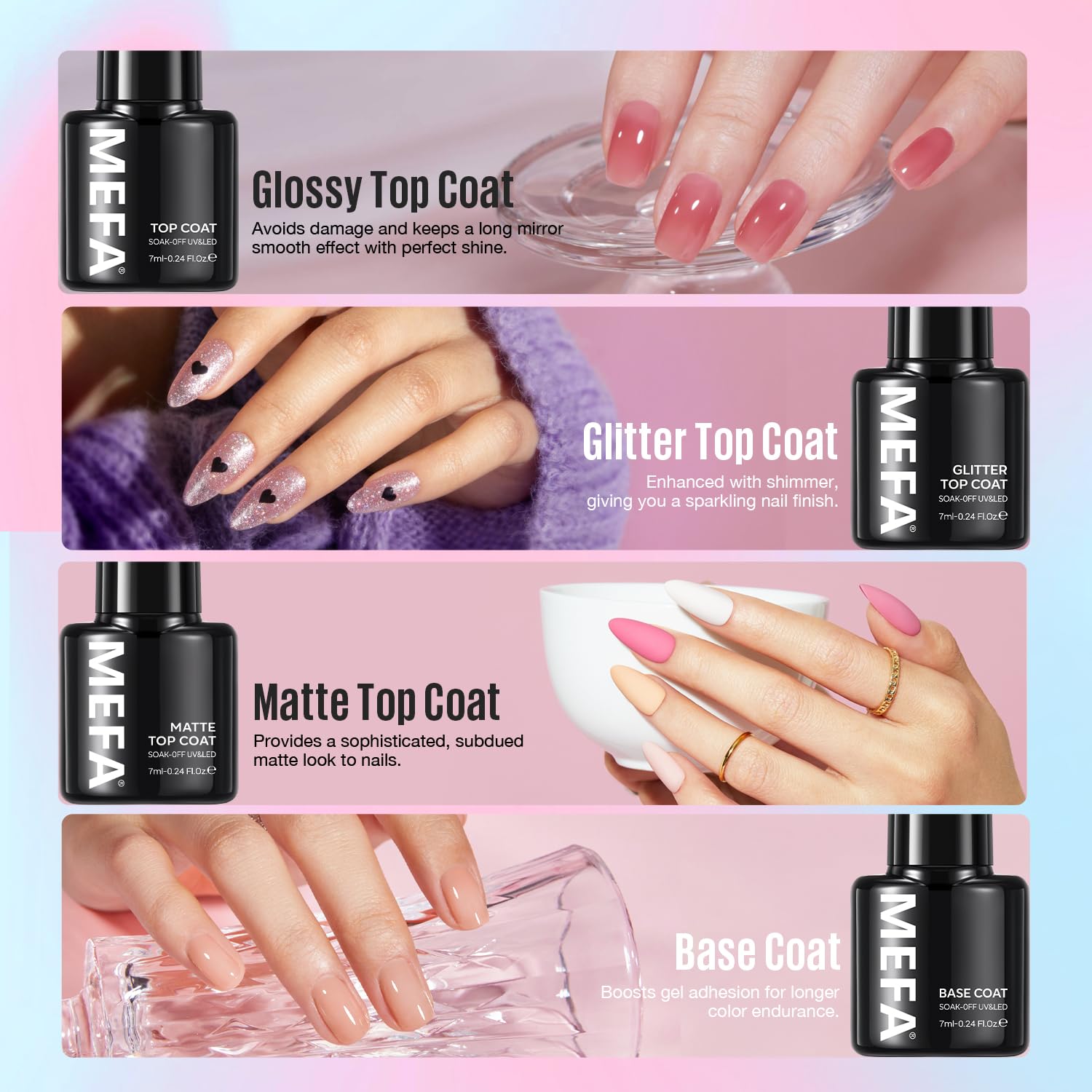 Capa superior con brillo MEFA 7ml, efecto glitter duradero