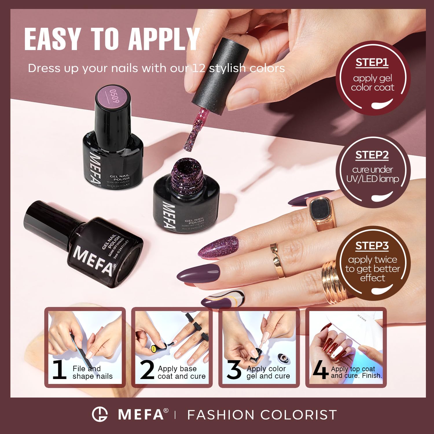 MEFA Set de Gel Otoño en tono Vino Brillante para color intenso.