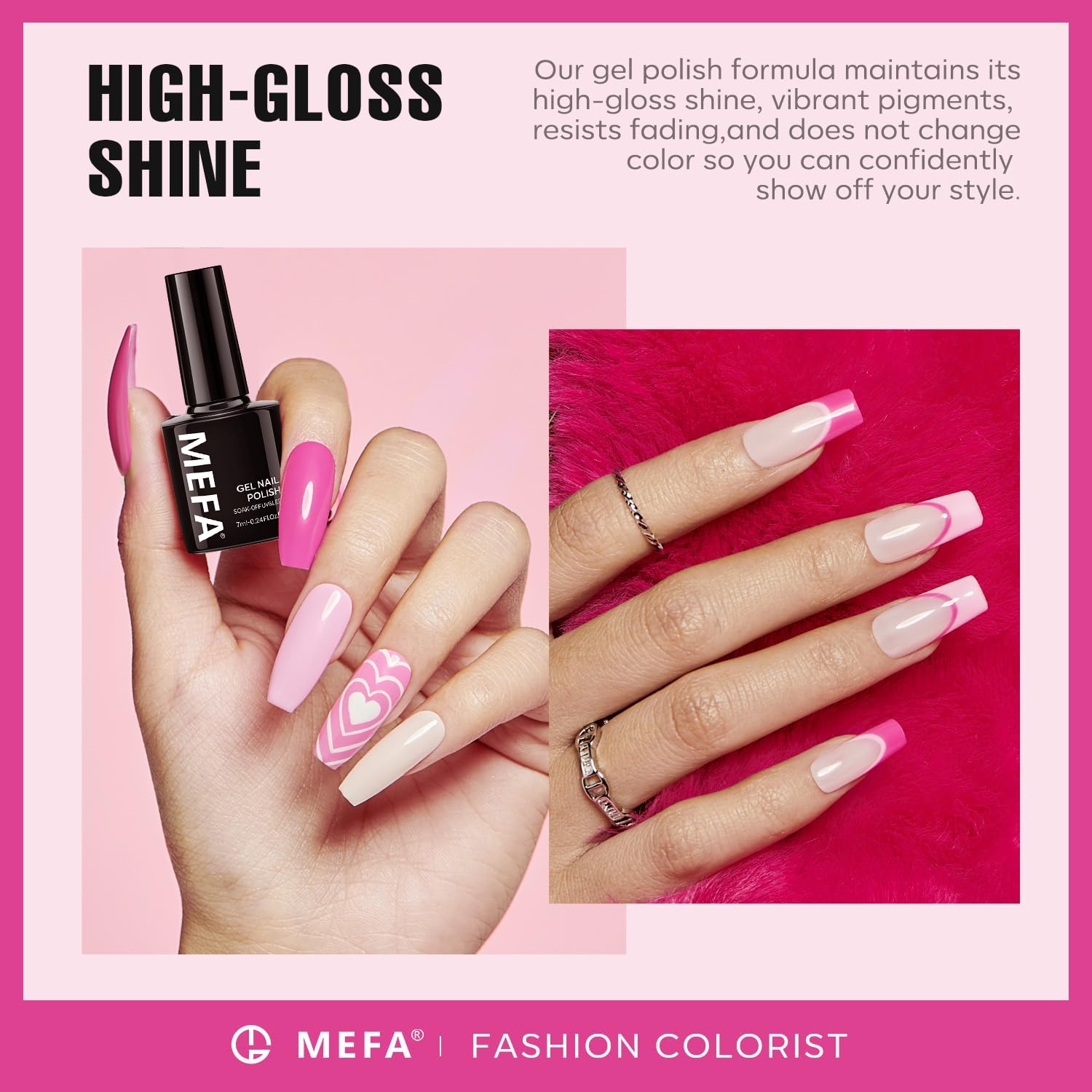 MEFA Esmalte Gel Rosa Chicle para una manicura divertida y creativa.