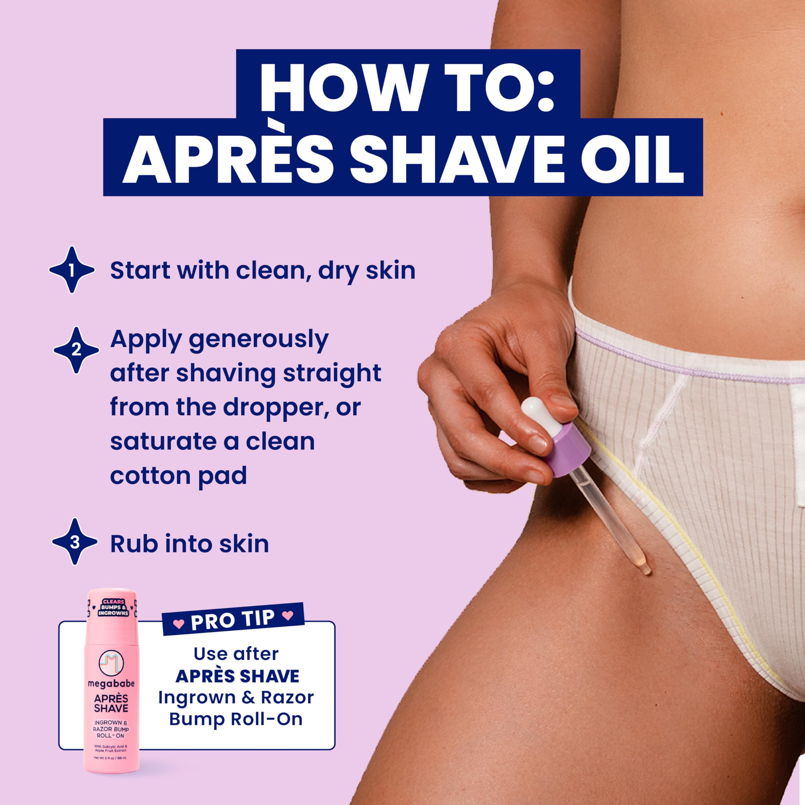 Megababe Après Shave Oil, ingredientes naturales, nutrición suave para piel sensible.