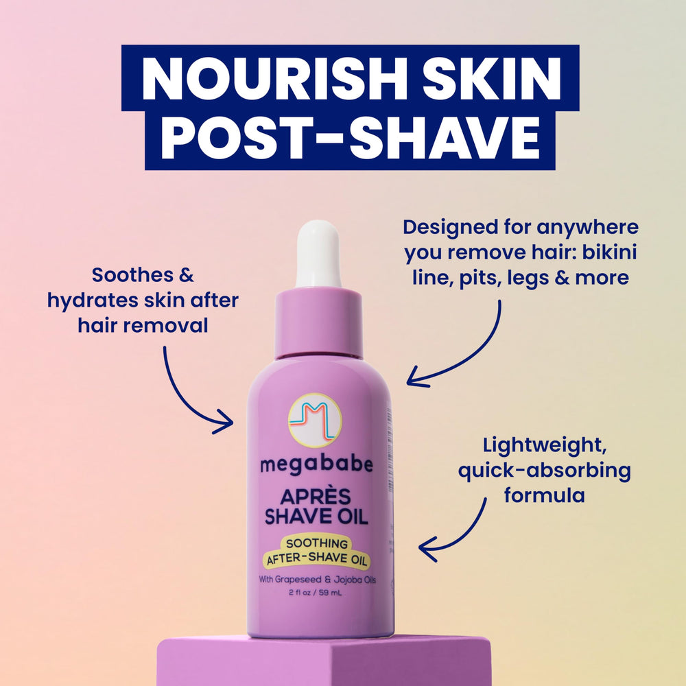 Megababe Après Shave Oil, textura ligera y no grasa, sensación cómoda tras afeitado.