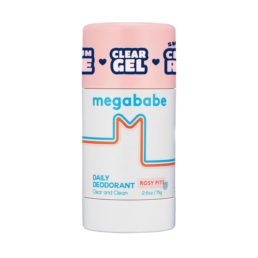 Megababe Daily Deodorant Rosy Pits bottle shows a clear, aluminum-free formula for everyday use