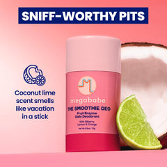 Megababe Daily Deodorant Smoothie Deo ingredients image highlights enzymes for gentle odor control.