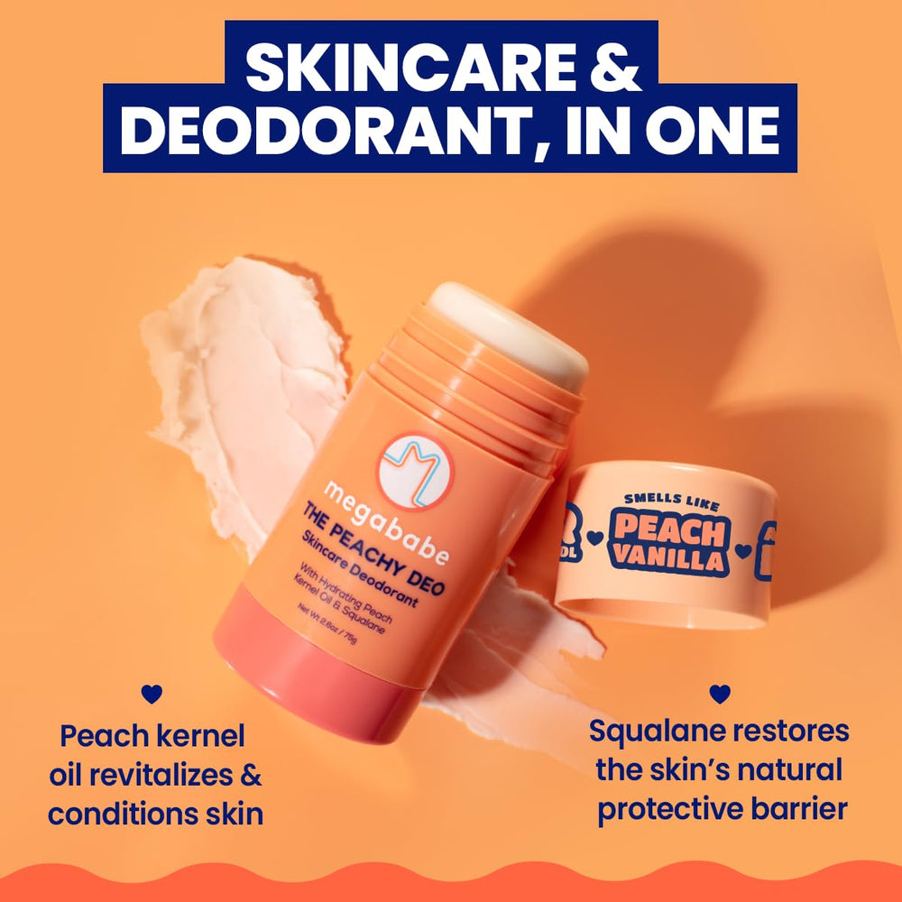 Megababe Peachy Deo, aroma a durazno y vainilla para uso diario.