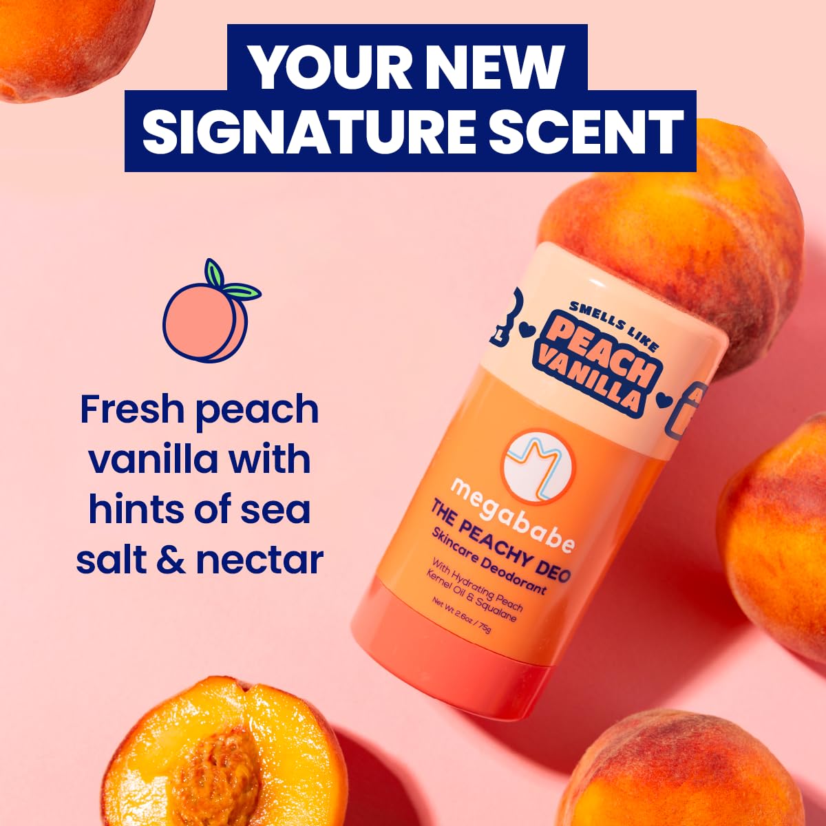 Megababe Peachy Deo, envase externo con fórmula sin aluminio y fragancia equilibrada.