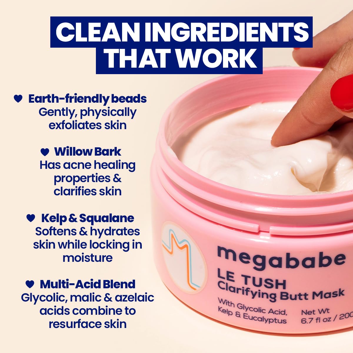 Bolas exfoliantes ecológicas de Megababe Le Tush para exfoliación suave.