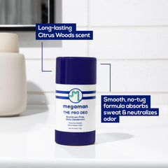 Megaman Pro Deo citrus woods scent swatch for all-day freshness.