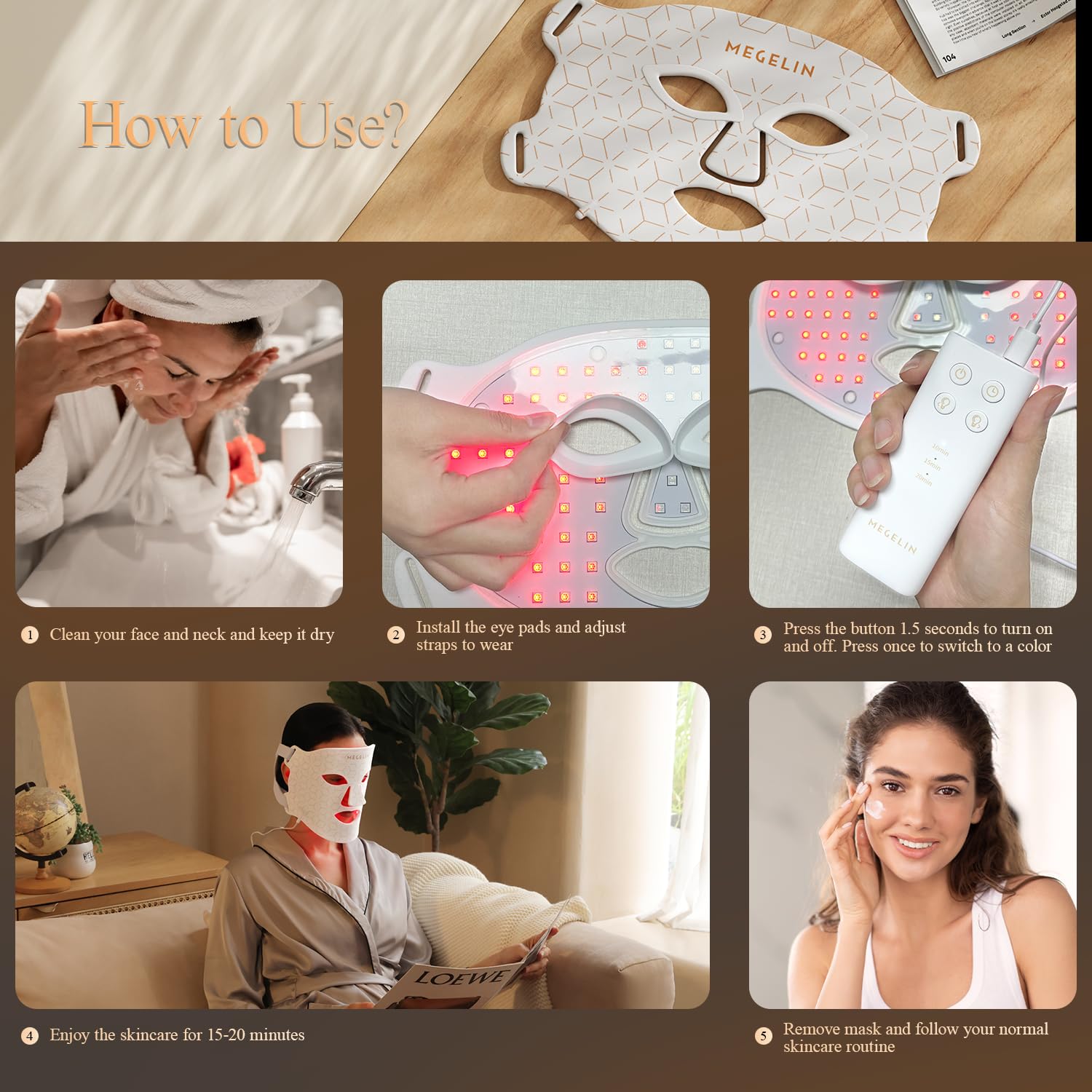 MEGELIN mascarilla-luz-led-7-colores-recargable comodidad sin cables.