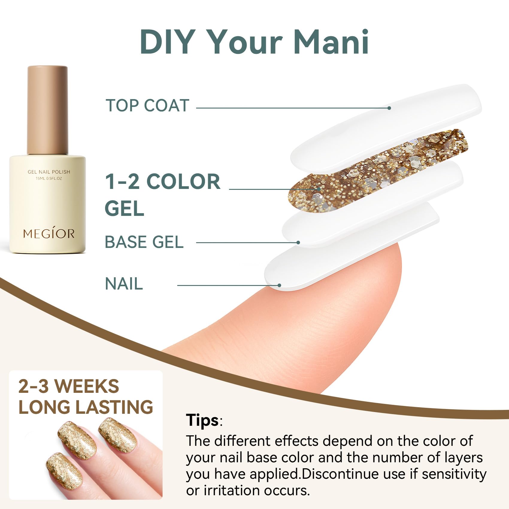 MEGIOR Kit completo con base, color y top para uñas brillantes.