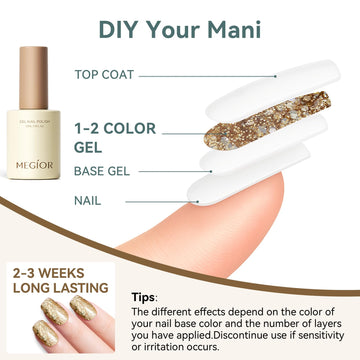 MEGIOR Kit completo con base, color y top para uñas brillantes.