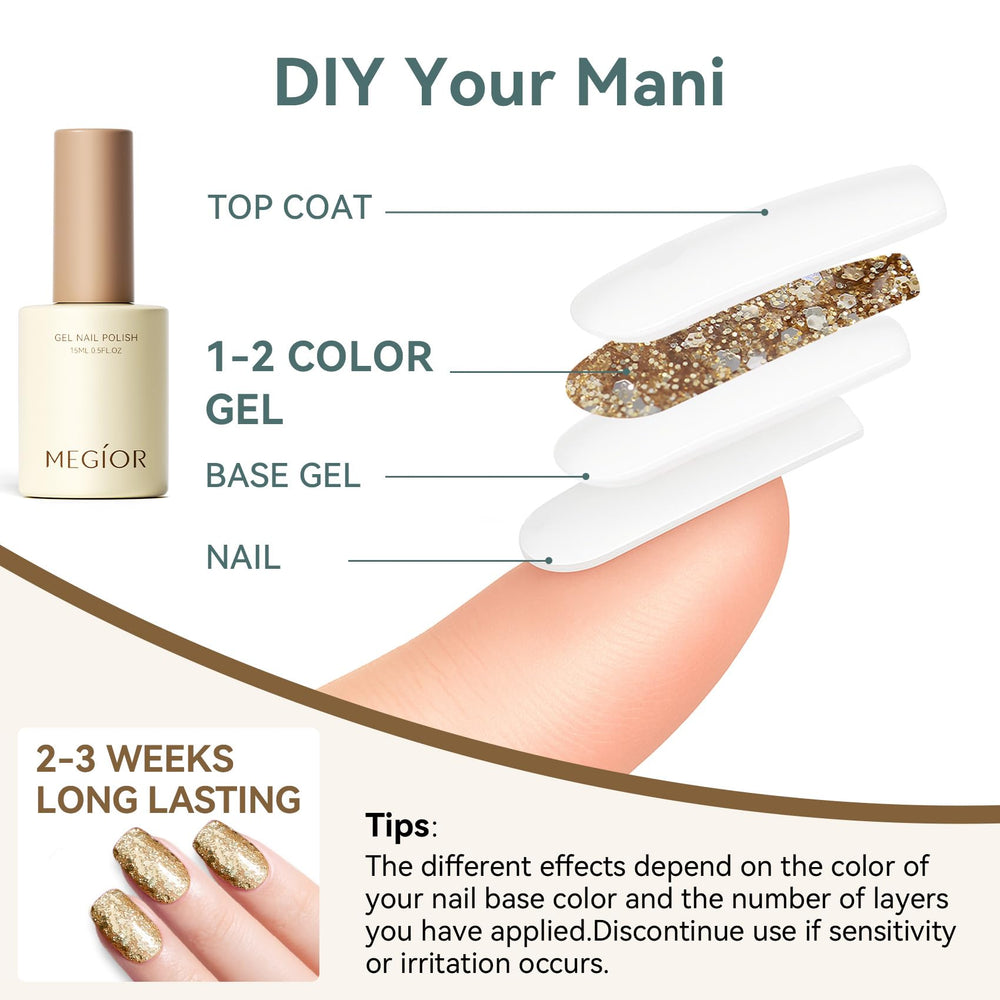 MEGIOR Kit completo con base, color y top para uñas brillantes.