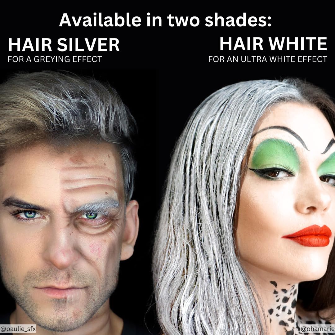 Uso teatral de Mehron Hair White para cambios temporales de cabello.