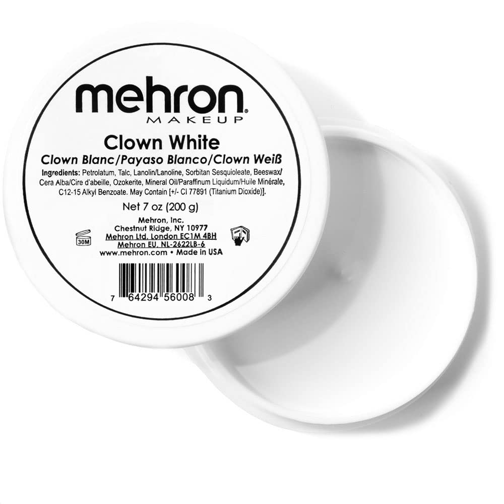 Mehron Clown White, crema facial profesional para cobertura uniforme en escenarios.