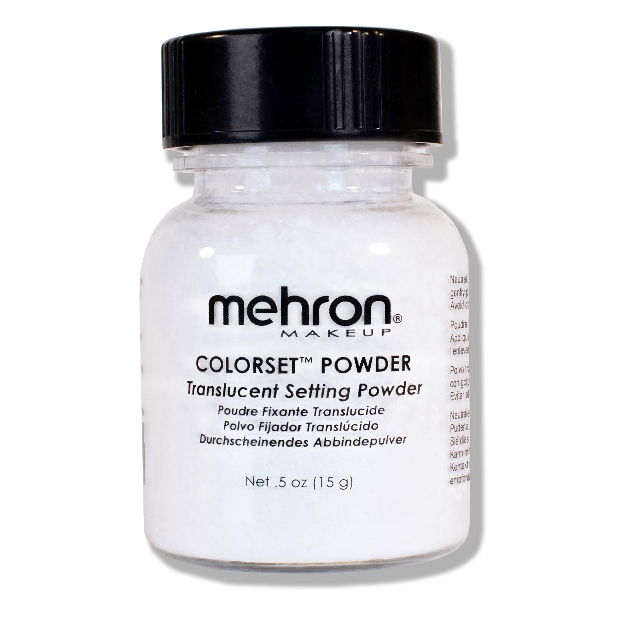 Polvo translúcido Colorset de Mehron en envase, fijando maquillaje de crema.