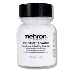 Polvo translúcido Colorset de Mehron en envase, fijando maquillaje de crema.