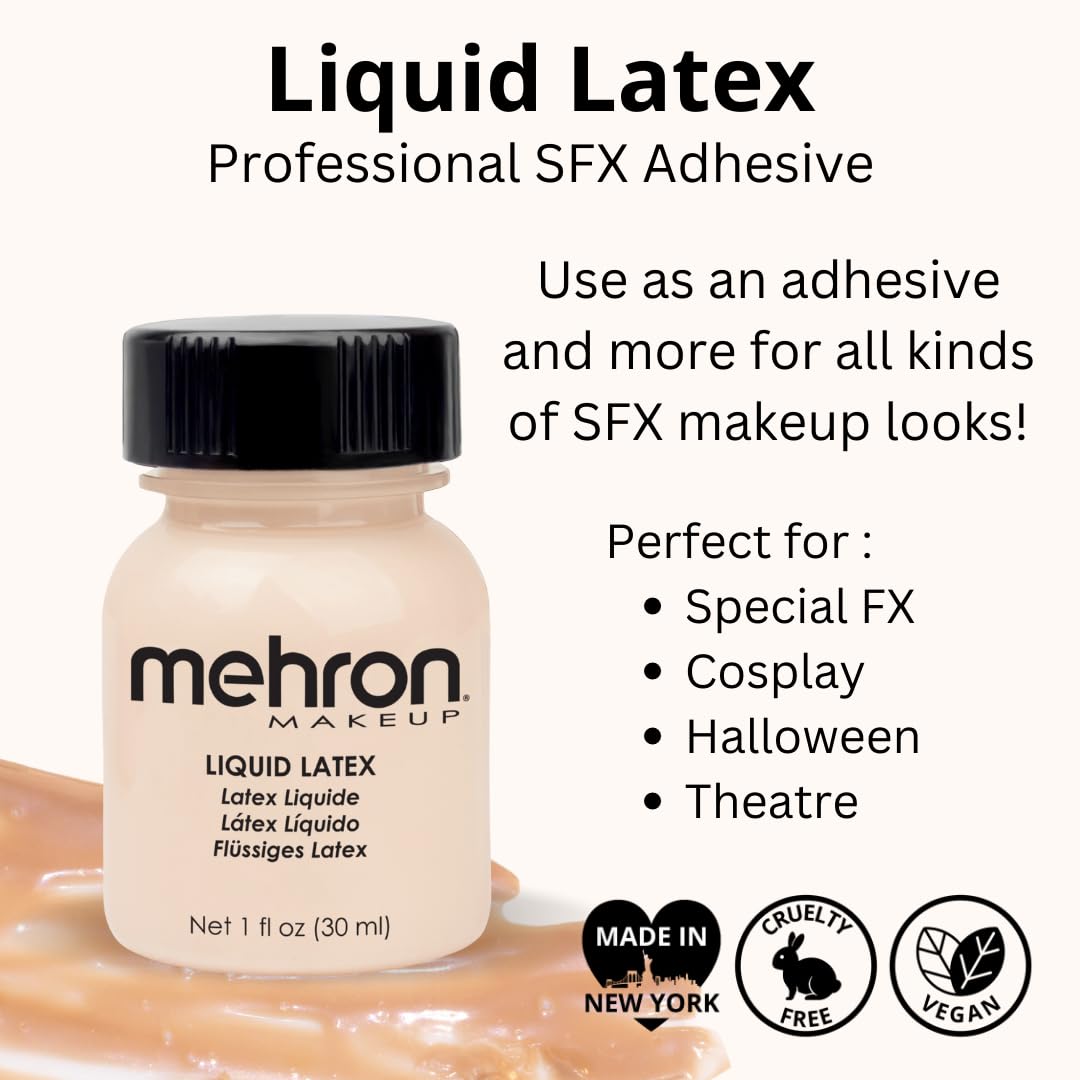 Mehron Látex Líquido, aplicación de prótesis: adhesivo confiable para fijación de prótesis.