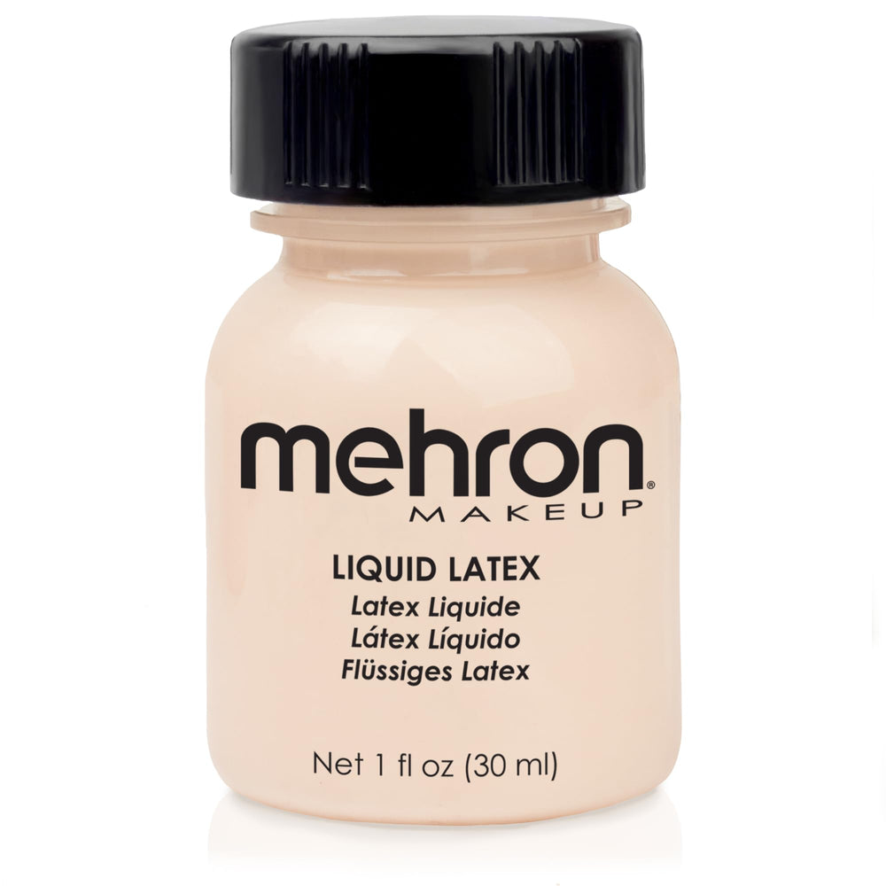 Mehron Látex Líquido, botella tono piel clara, ideal para cubrir áreas y crear efectos realistas.