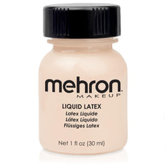 Mehron Látex Líquido, botella tono piel clara, ideal para cubrir áreas y crear efectos realistas.