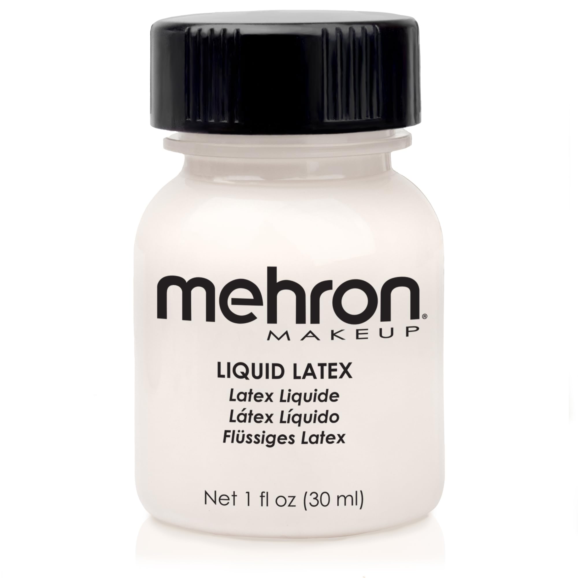 Mehron Látex Líquido: botella clara, facilita adhesión de prótesis faciales con acabado natural.