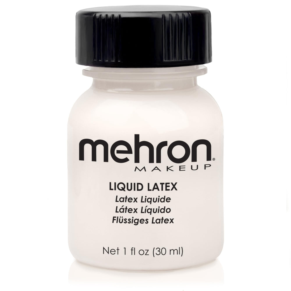 Mehron Látex Líquido: botella clara, facilita adhesión de prótesis faciales con acabado natural.