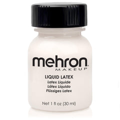 Mehron Látex Líquido: botella clara, facilita adhesión de prótesis faciales con acabado natural.