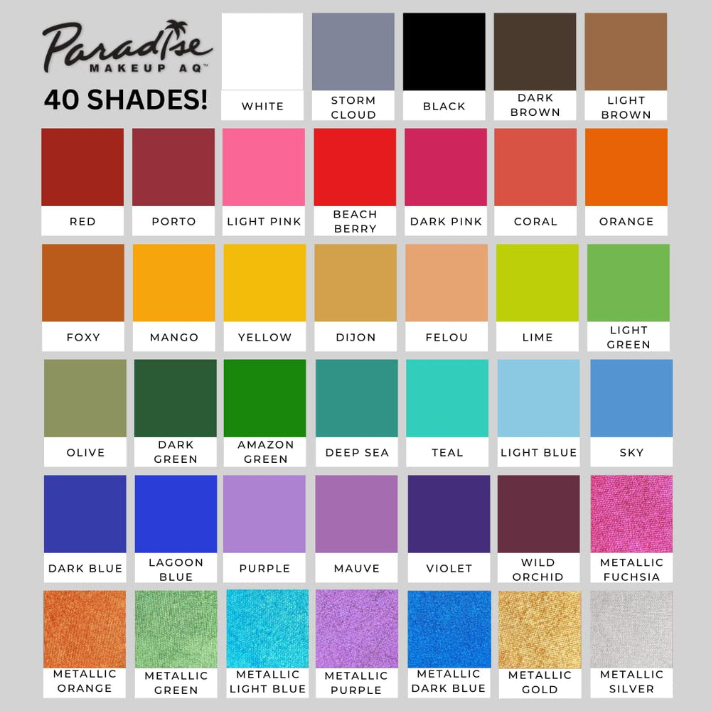 Mehron Paradise AQ Pro paleta variada de acabados mate para estilos.