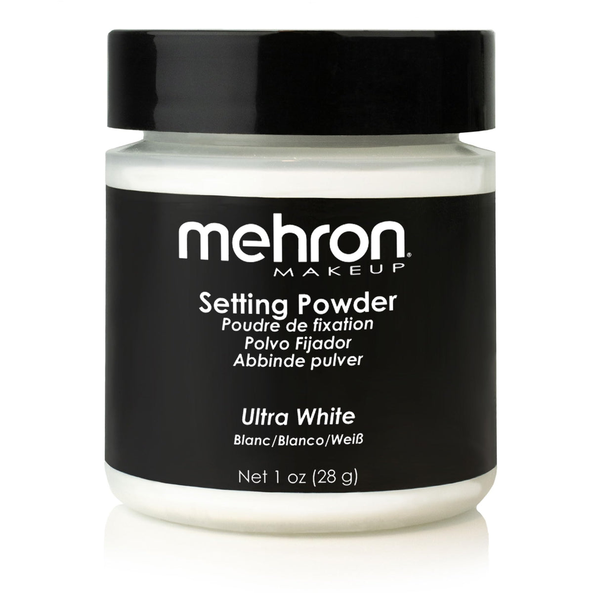 Mehron polvos fijadores sueltos Ultra Blanco en frasco para fijar maquillaje.