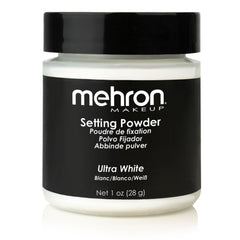 Mehron polvos fijadores sueltos Ultra Blanco en frasco para fijar maquillaje.