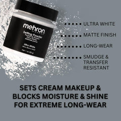 Aplicación con puff de Mehron para un acabado uniforme y suave.