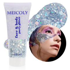 Meicoly brillo plateado en botella ideal para festivales.