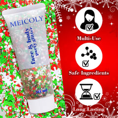 MEICOLY gel brillo cara copo de nieve: efecto holográfico suave para ojos y mejillas.