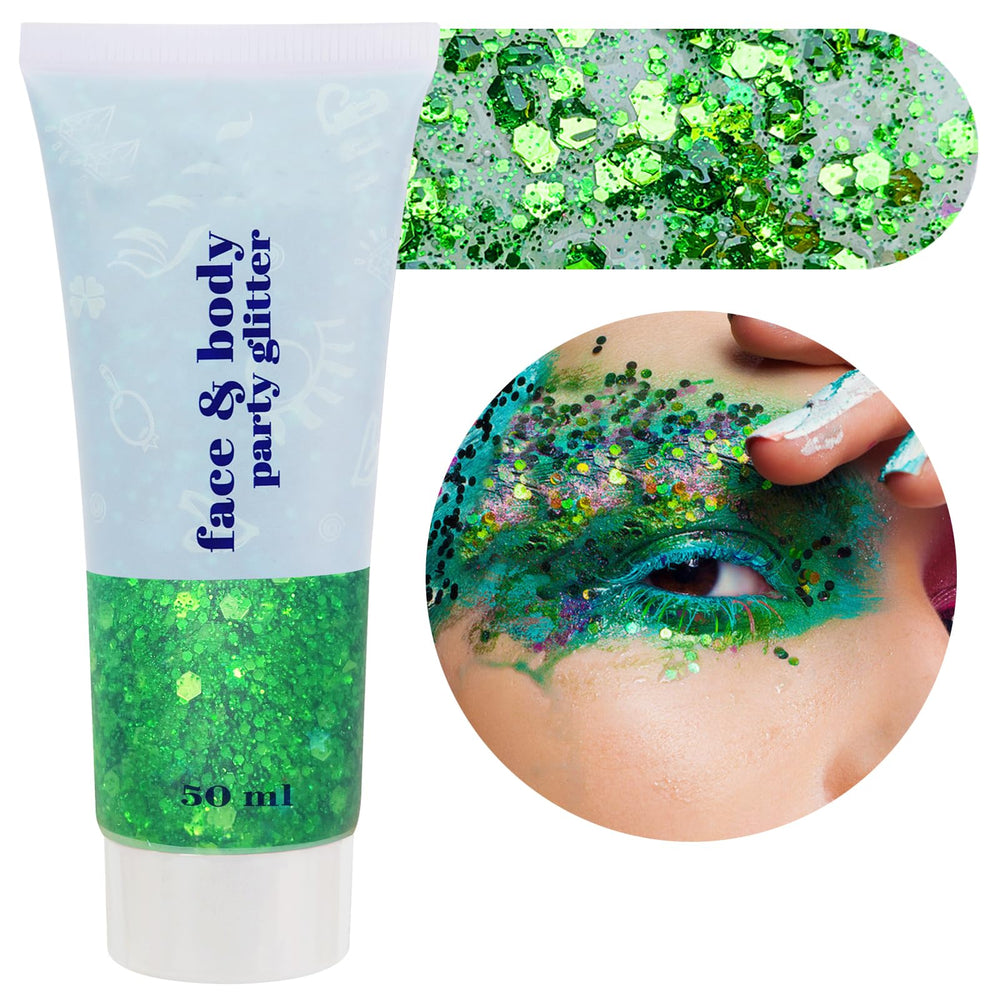 MEICOLY glitter cara verde alien: brillo intenso para look futurista.