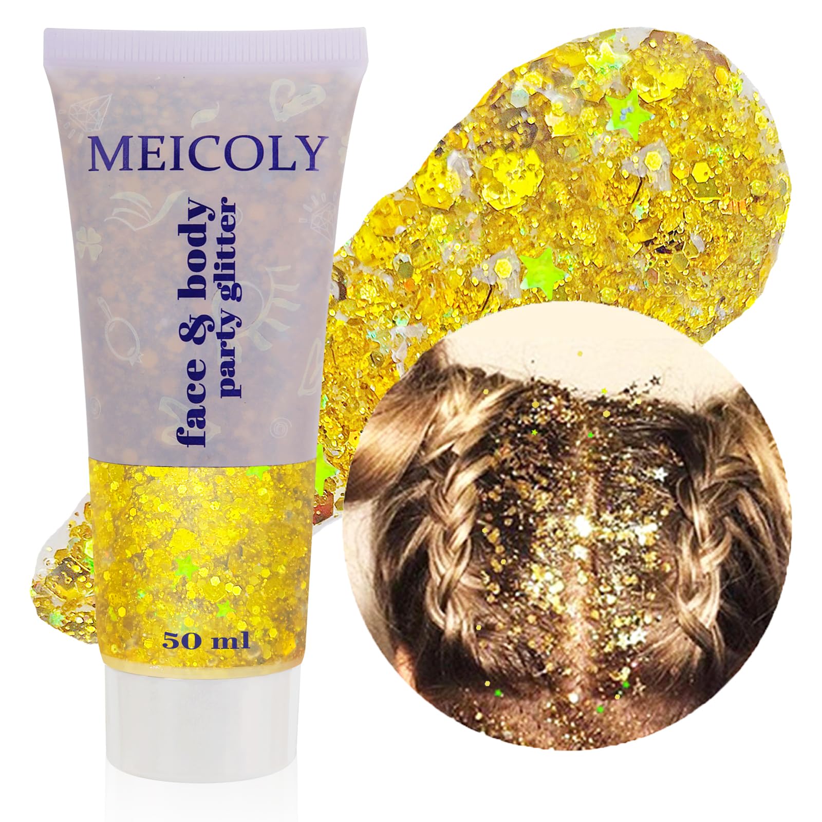 MEICOLY botella de glitter dorado para cuerpo con brillo intenso para festivales