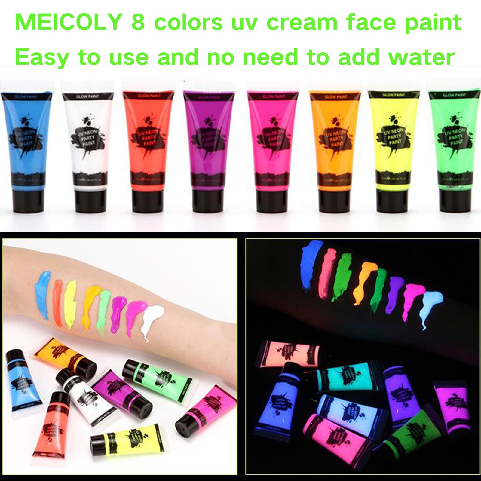 Delineador neon MEICOLY Glow que brilla bajo luz UV y se aplica con suavidad.