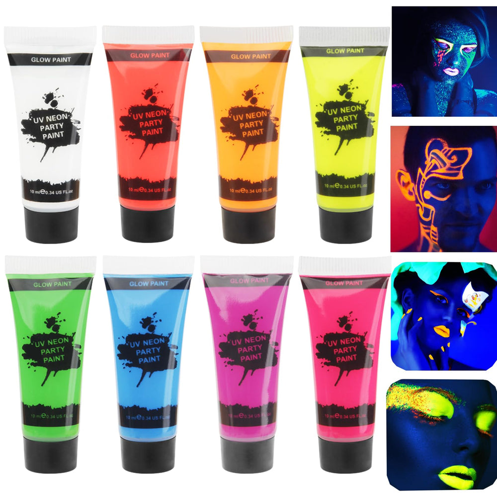 MEICOLY Glow: 8 tubos de pintura neon para cara y cuerpo, brillan bajo UV.