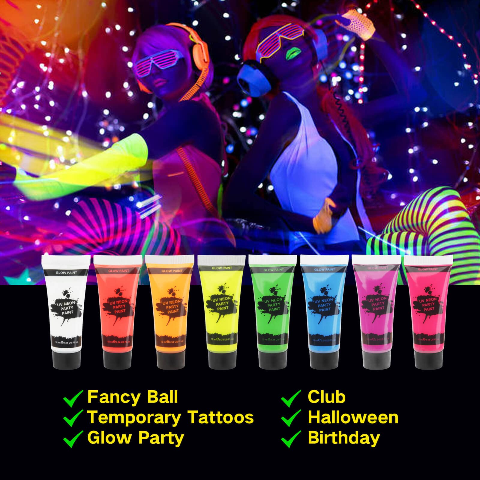 Pintura UV MEICOLY Glow en la cara, brilla intensamente bajo luz negra.