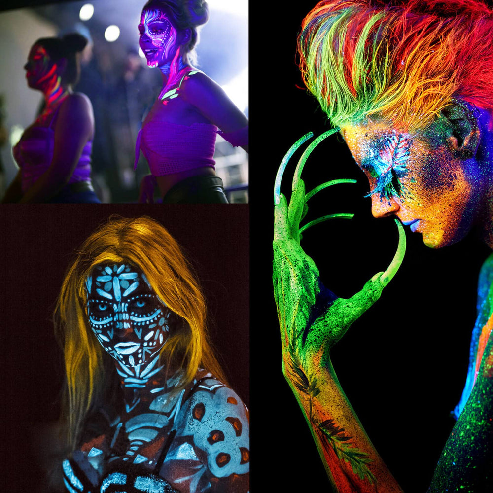 Pintura MEICOLY Glow para cuerpo, brillo visible bajo iluminación UV.