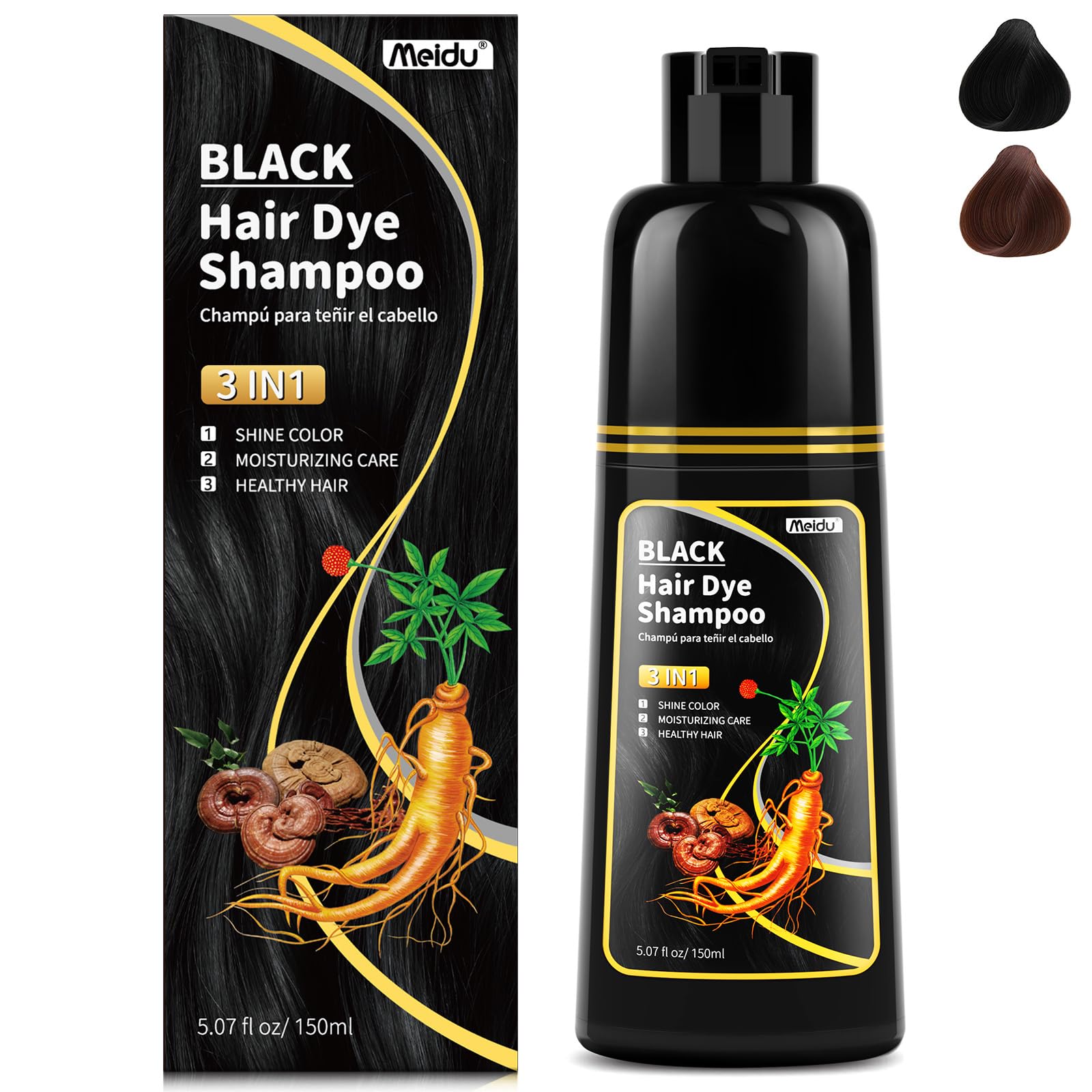 Meidu Champú Tinte Cabello: botella y empaque, color natural para cubrir canas.