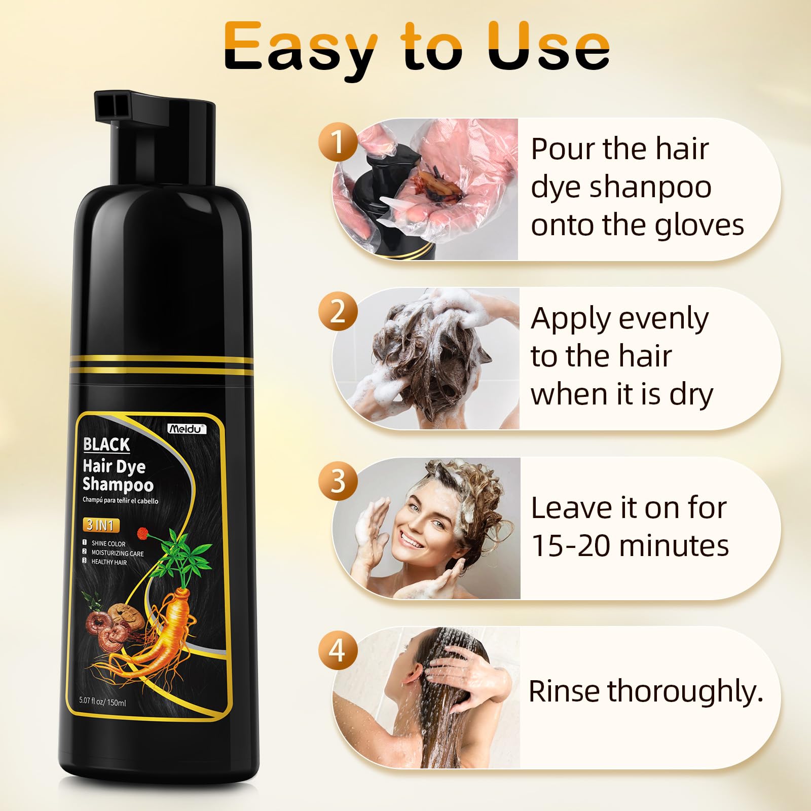 Meidu Champú Tinte Cabello: ingrediente ginseng para cuidado suave.