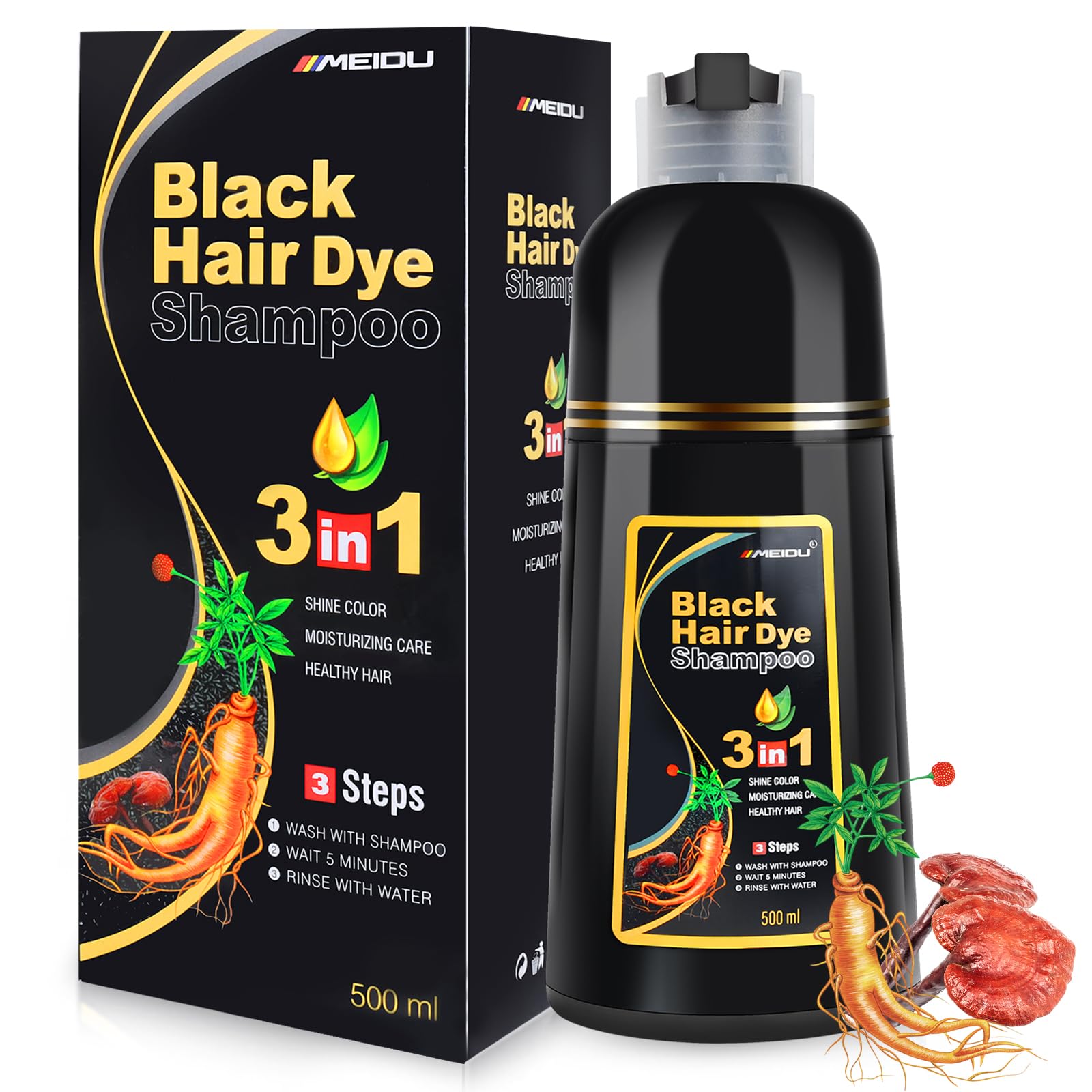 Meidu Shampoo Shop botella negro cubre canas con color natural.