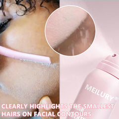 Meilury aplicación del spray identificador en el rostro para afeitado preciso.