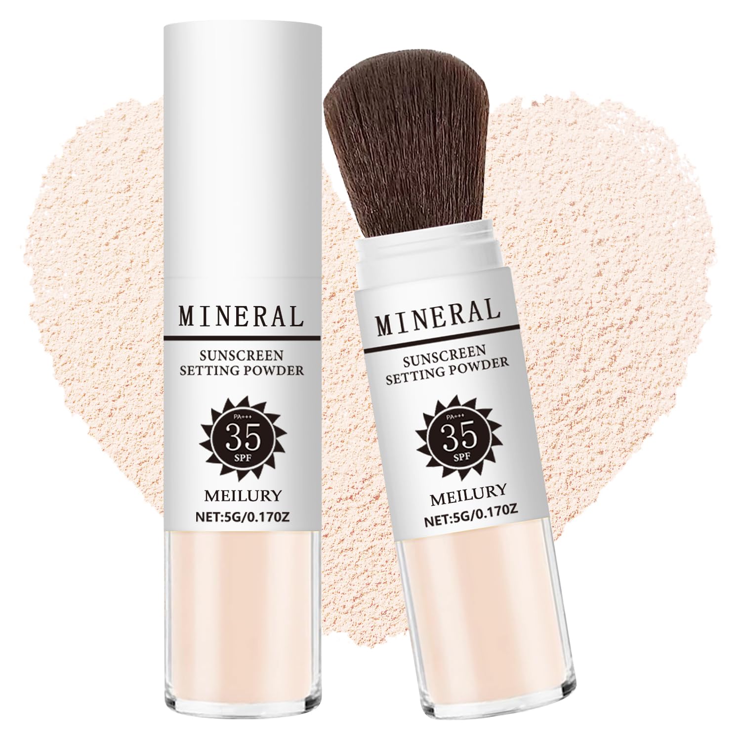 Meilury polvo fijador SPF35 en rostro, acabado mate suave.